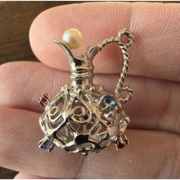 Estate Jewelry - Vintage Sterling Silver Filigree Water Pitcher Charm Pendant Rhinestones Pearl